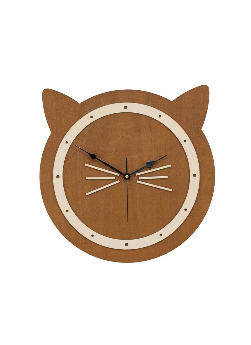 NABSTER CAT Wall Clock Wooden Wall DecorMinimalistHandmade Kids Clock Modern Design for Gifting Bedroom Office Home Living Room Decor 12 inch Brown