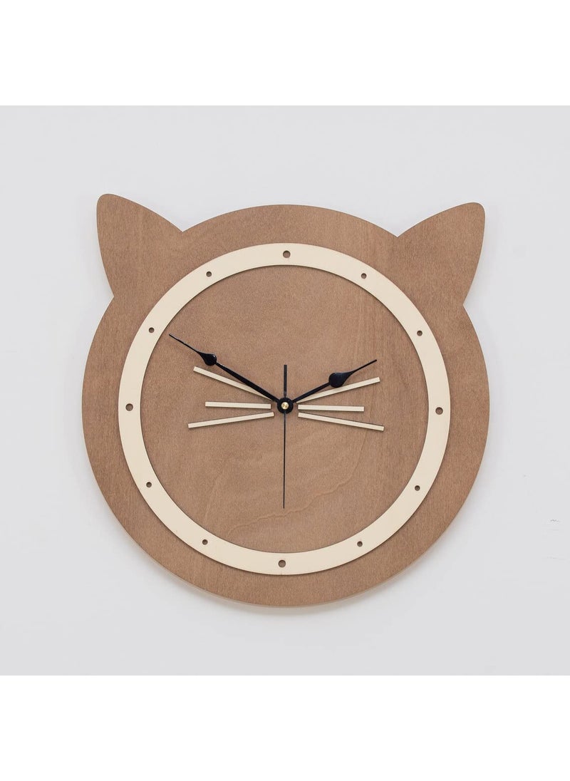 NABSTER CAT Wall Clock Wooden Wall DecorMinimalistHandmade Kids Clock Modern Design for Gifting Bedroom Office Home Living Room Decor 12 inch Brown