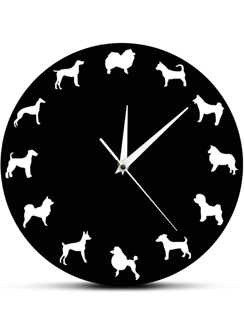 NABSTER 12 inches Designer Modern Style Different Dog Breeds Wall Clock Made of Black Acrylic Wall Clock Unique Gift Idea and Home Decor Great Wall Art for Living Room Kitchen Bedroom Kids
