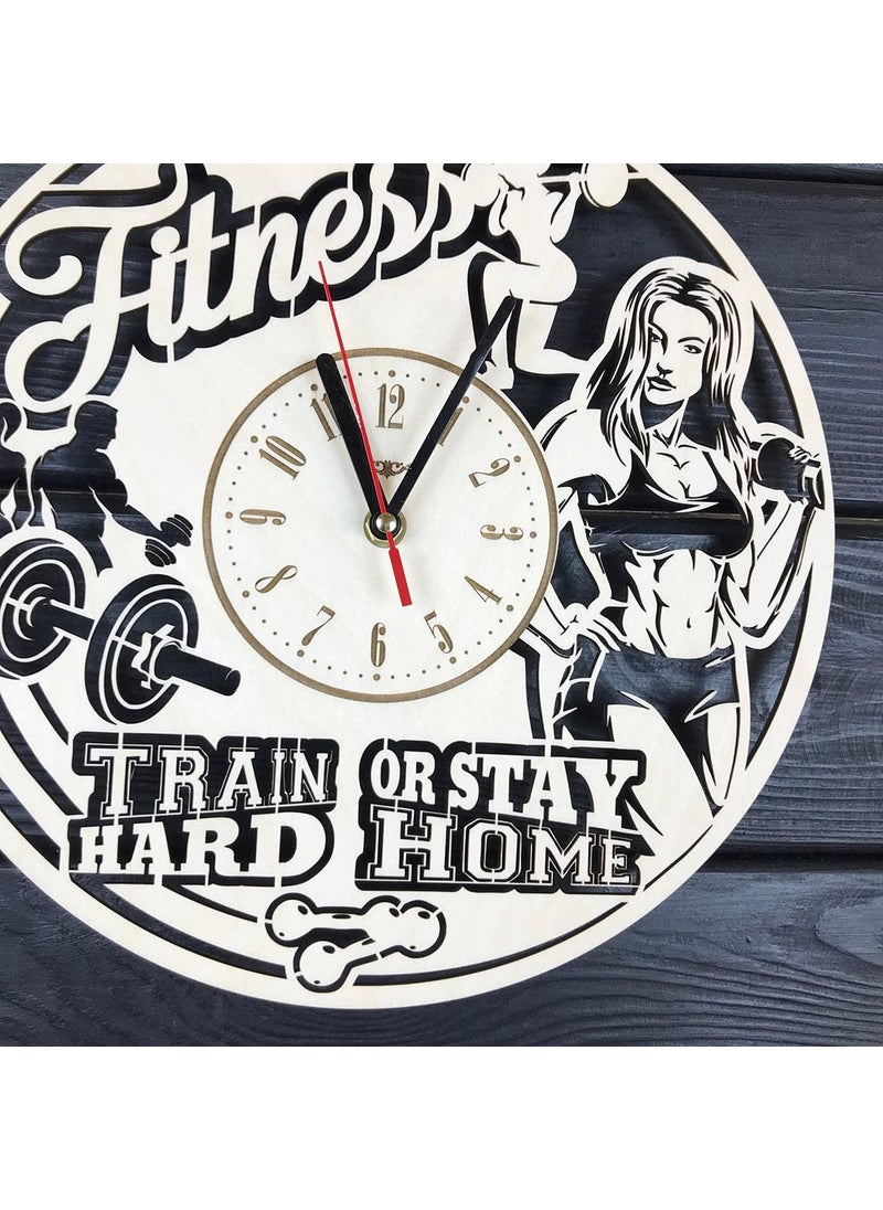 NABSTER Fitness Wall Clock Wood Home Decor Hanging Fitness Wall Art Unique Gym Gifts Women Modern Fitness Poster Workout Wood Fitness Clock 12 Inch 30 Cm