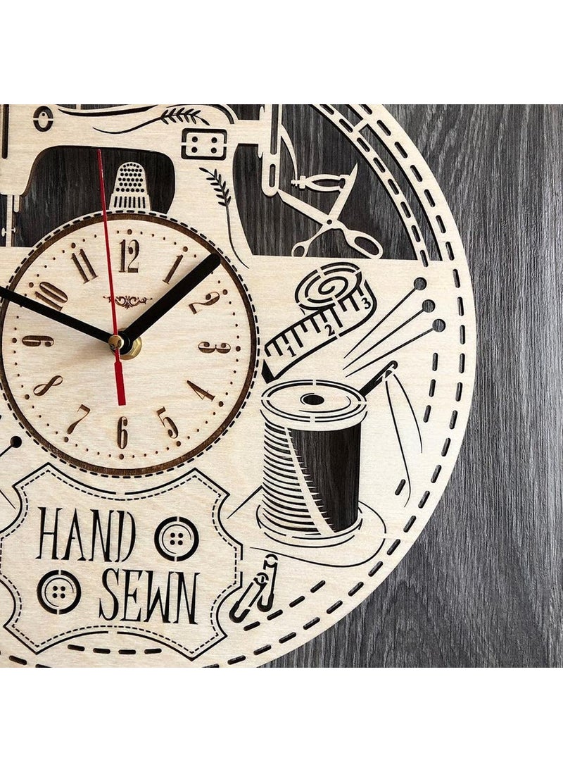 NABSTER Sewing Wall Clock Wood Personalized Home Kitchen Decor Living Room Gifts Woman Unique Office Kitchen Wedding Christmas Birthday Sewing Clock 12 Inch 30 Cm