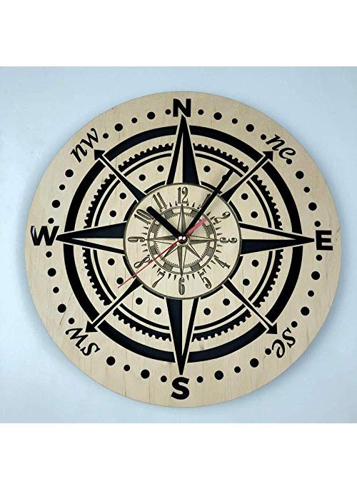 NABSTER Compass Wall Clock Eco Wood Unique Gift Idea for Travelers Original Presents Home Decor Compass Wall Art for Kitchen Bedroom Office 12 Inch