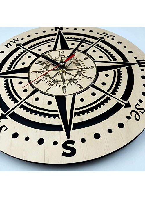 NABSTER Compass Wall Clock Eco Wood Unique Gift Idea for Travelers Original Presents Home Decor Compass Wall Art for Kitchen Bedroom Office 12 Inch