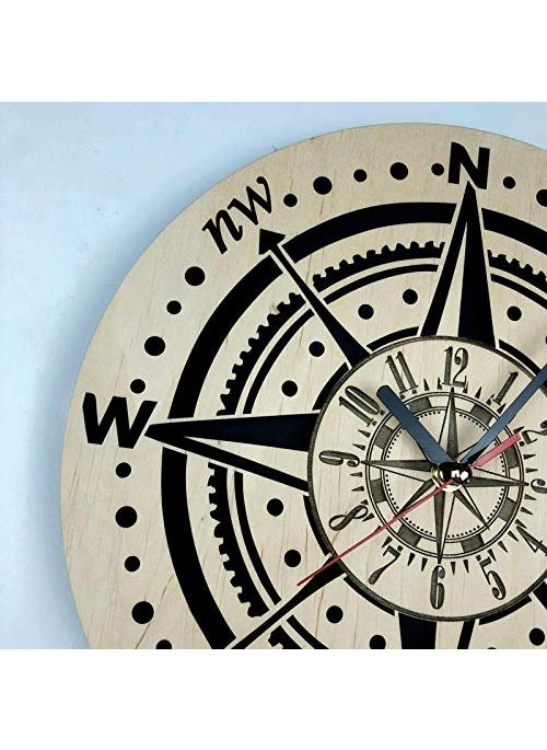 NABSTER Compass Wall Clock Eco Wood Unique Gift Idea for Travelers Original Presents Home Decor Compass Wall Art for Kitchen Bedroom Office 12 Inch
