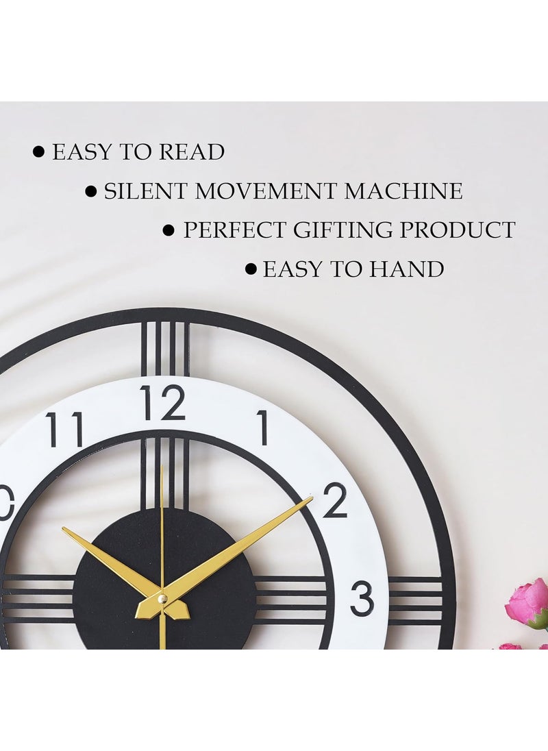 100 STEPS Designer Metal Wall Clock Matte Black and Acrylic for HomeOfficeLiving Room 38 cm Diameter Black and White