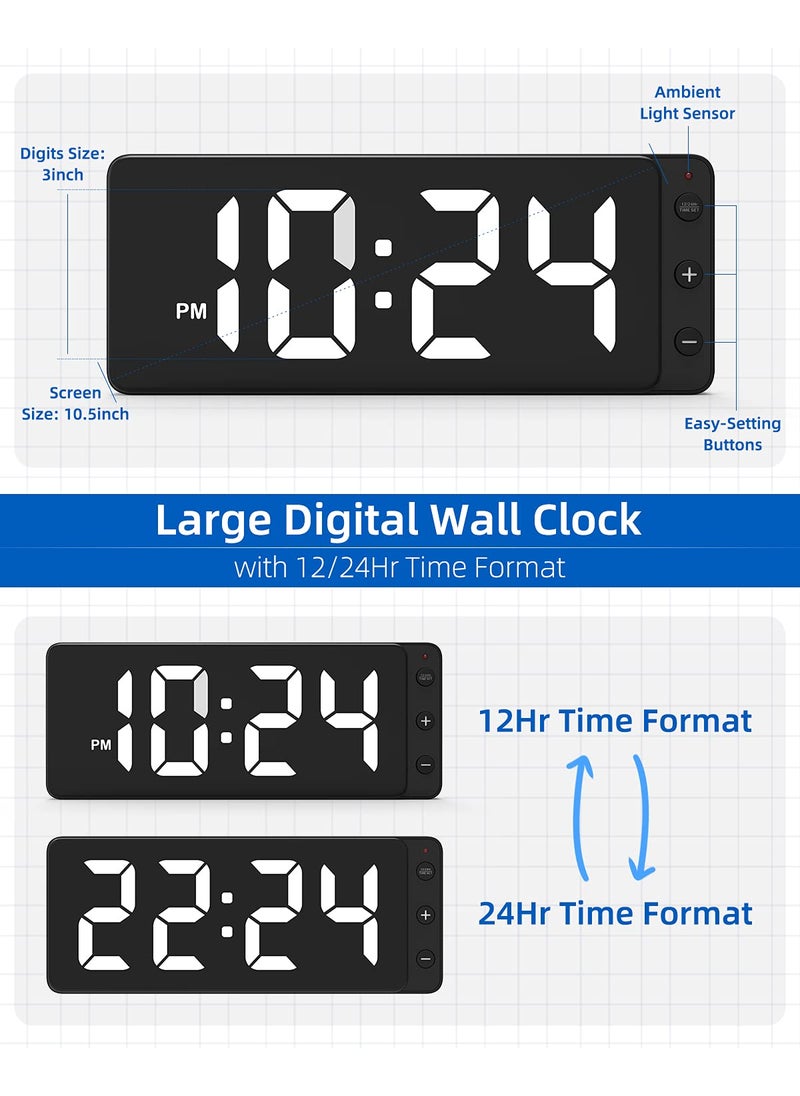 LED Digital Wall Clock with Large Display Big Digits AutoDimming 1224Hr Format Battery Backup Silent Wall Clock for Farmhouse Kitchen Living Room Bedroom Classroom Office White