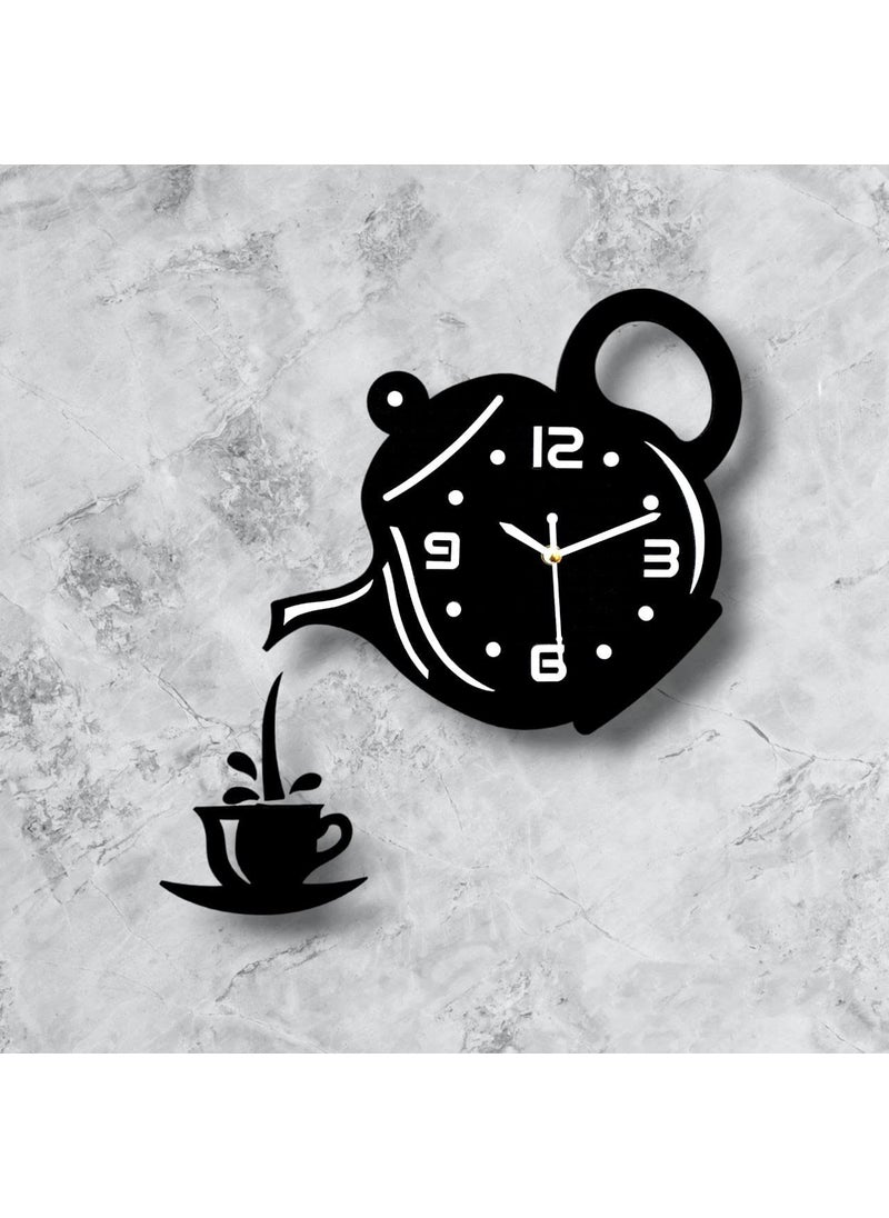 INLERA Cup Kettle Design Wooden Wall Clock 3D Tea Pot for Home and Office Wooden Kettle Wall Clock for Living Room Wooden Wall Clock Kettle Shape Clock for Room