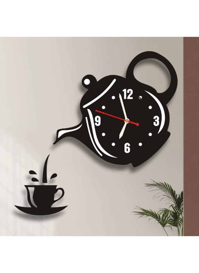 INLERA Cup Kettle Design Wooden Wall Clock 3D Tea Pot for Home and Office Wooden Kettle Wall Clock for Living Room Wooden Wall Clock Kettle Shape Clock for Room