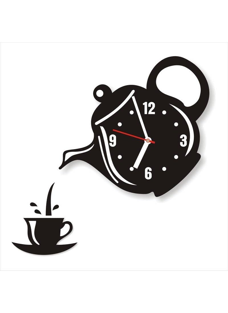 INLERA Cup Kettle Design Wooden Wall Clock 3D Tea Pot for Home and Office Wooden Kettle Wall Clock for Living Room Wooden Wall Clock Kettle Shape Clock for Room