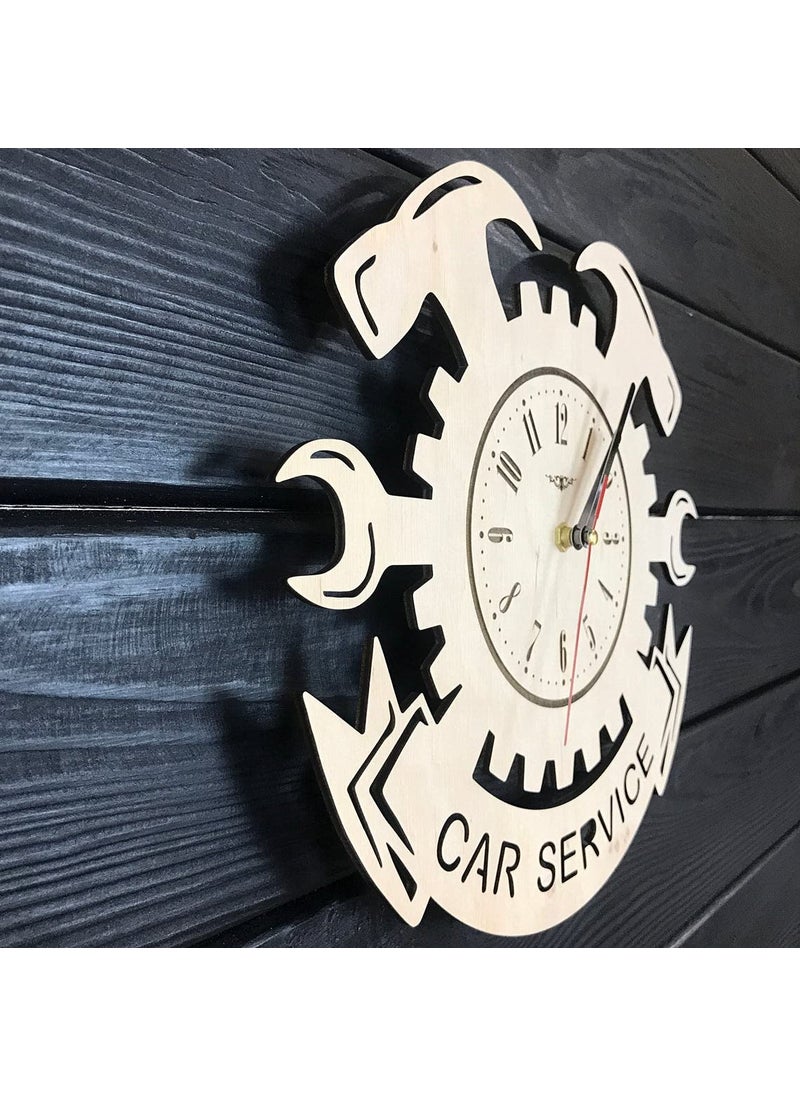 NABSTER Car Service Wall Clock Wood Garage Hanging Decor Mechanic Gifts Men Auto Wall Art Kitchen Fathers Day Christmas Birthday Car Service Clock 12 Inch 30 Cm
