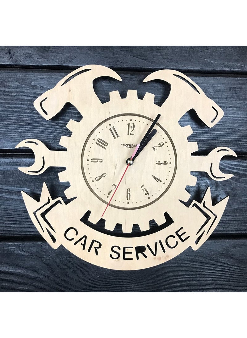 NABSTER Car Service Wall Clock Wood Garage Hanging Decor Mechanic Gifts Men Auto Wall Art Kitchen Fathers Day Christmas Birthday Car Service Clock 12 Inch 30 Cm