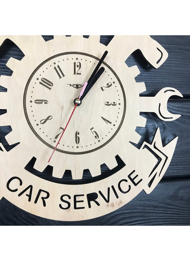 NABSTER Car Service Wall Clock Wood Garage Hanging Decor Mechanic Gifts Men Auto Wall Art Kitchen Fathers Day Christmas Birthday Car Service Clock 12 Inch 30 Cm