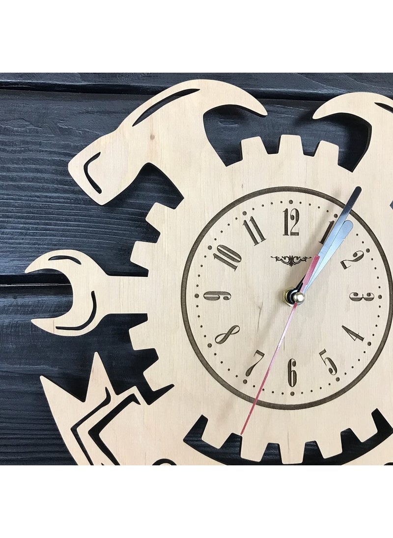 NABSTER Car Service Wall Clock Wood Garage Hanging Decor Mechanic Gifts Men Auto Wall Art Kitchen Fathers Day Christmas Birthday Car Service Clock 12 Inch 30 Cm