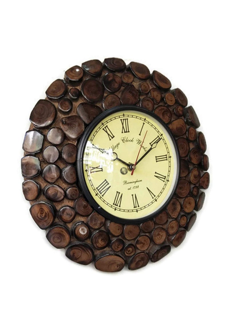 ACE WOOD CRAFTS AWC Handmade Round Shape Wooden Wall Clock for Home Brown 12 inches