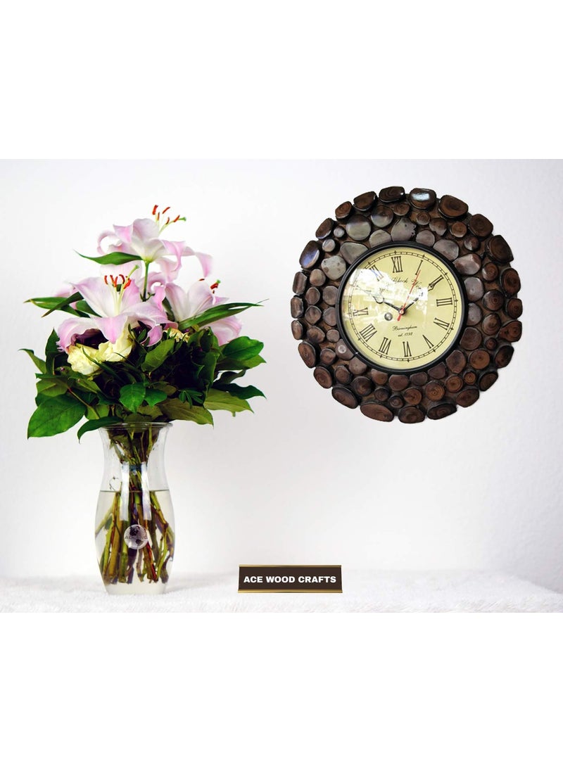 ACE WOOD CRAFTS AWC Handmade Round Shape Wooden Wall Clock for Home Brown 12 inches