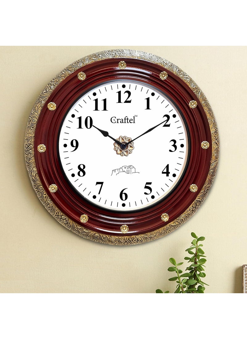 CRAFTEL Antique Silent HandCarved Dial Wall Clock for Home Living Room Hall Handcrafted Round Shape Antique Stylish Diwar Ghadi Clock with English Numerals 18 Inch Maroon Gold 12 Month Warranty