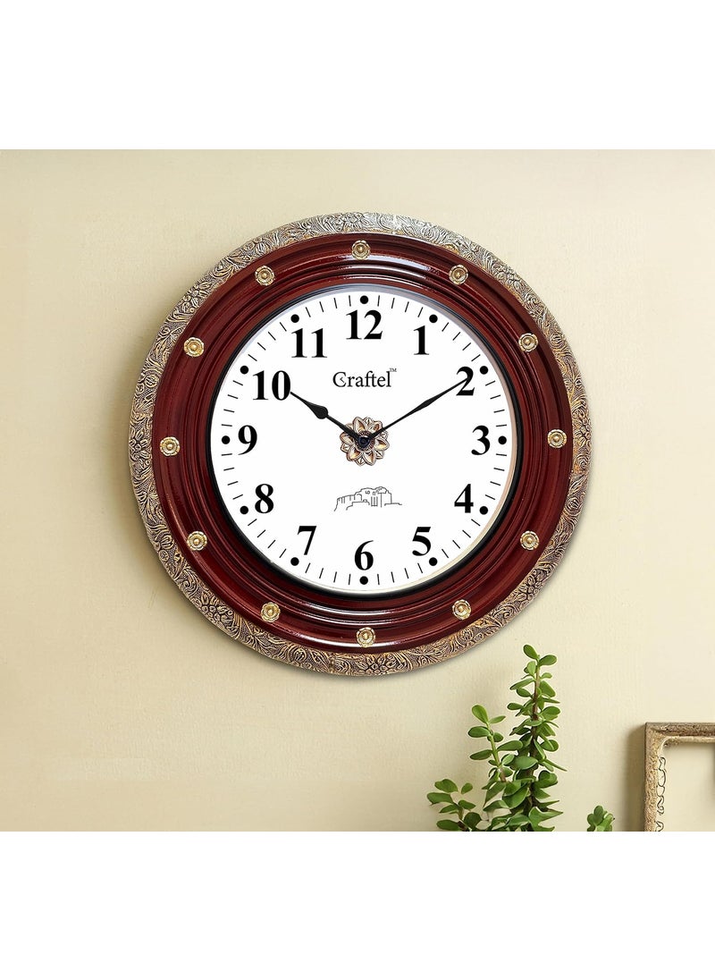 CRAFTEL Antique Silent HandCarved Dial Wall Clock for Home Living Room Hall Handcrafted Round Shape Antique Stylish Diwar Ghadi Clock with English Numerals 18 Inch Maroon Gold 12 Month Warranty