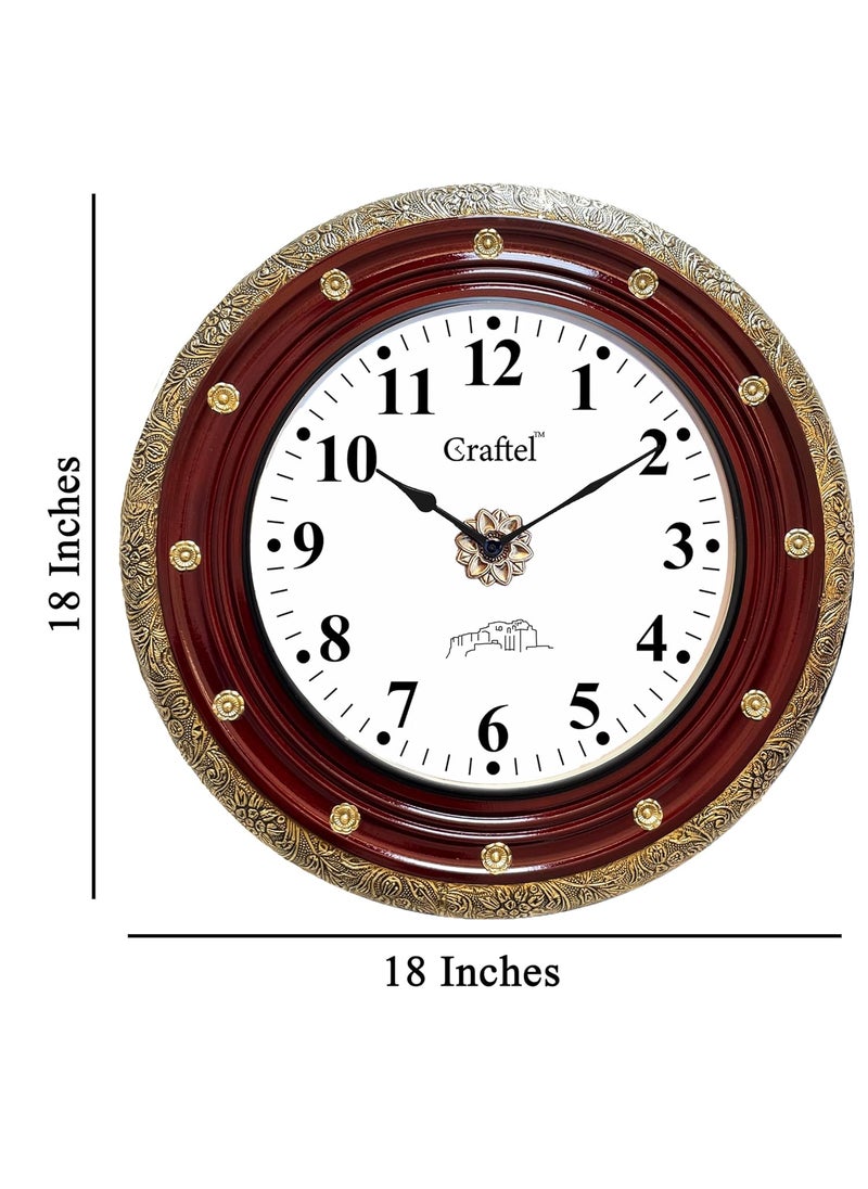 CRAFTEL Antique Silent HandCarved Dial Wall Clock for Home Living Room Hall Handcrafted Round Shape Antique Stylish Diwar Ghadi Clock with English Numerals 18 Inch Maroon Gold 12 Month Warranty
