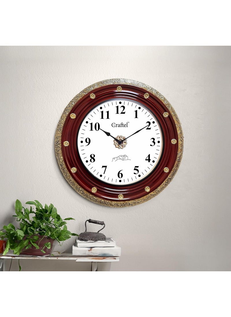 CRAFTEL Antique Silent HandCarved Dial Wall Clock for Home Living Room Hall Handcrafted Round Shape Antique Stylish Diwar Ghadi Clock with English Numerals 18 Inch Maroon Gold 12 Month Warranty