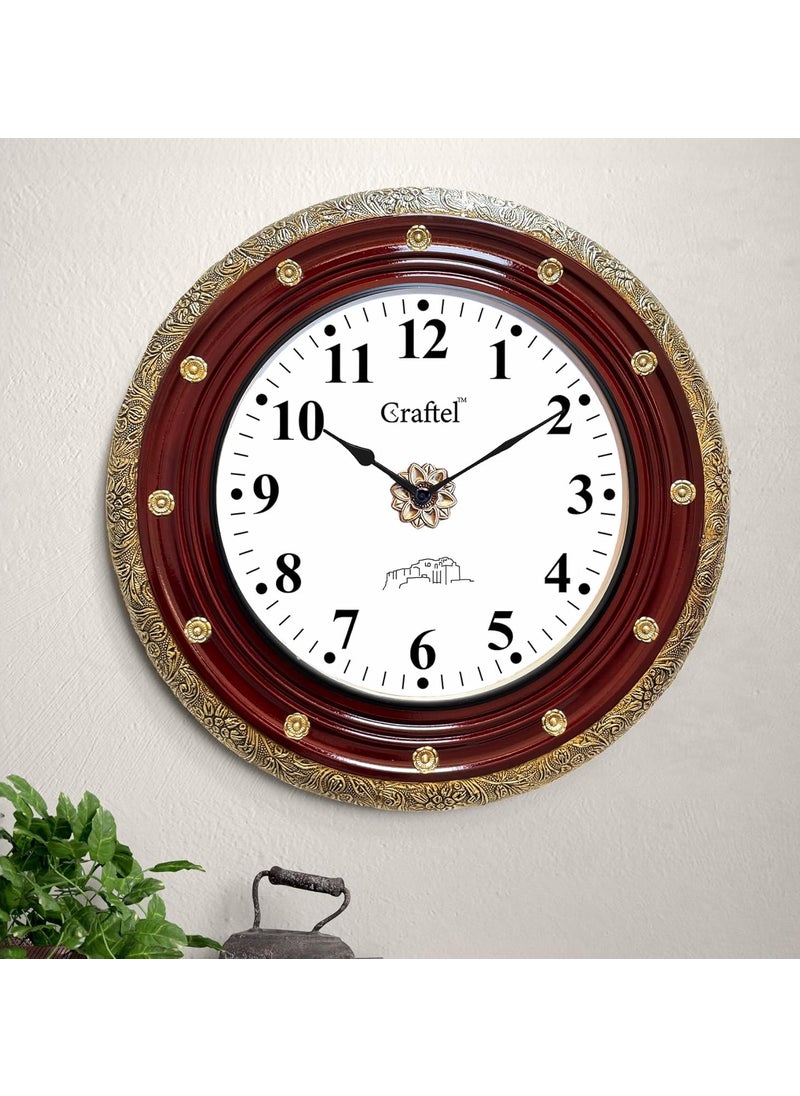 CRAFTEL Antique Silent HandCarved Dial Wall Clock for Home Living Room Hall Handcrafted Round Shape Antique Stylish Diwar Ghadi Clock with English Numerals 18 Inch Maroon Gold 12 Month Warranty