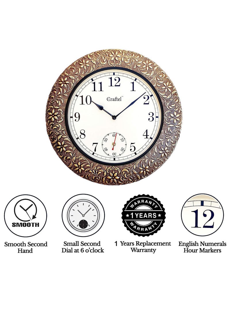 Craftel Brass Embossed Wall Clock Decorative Round Clock for Living Room Home and Office 18 x 18 inch Antique Gold Analog
