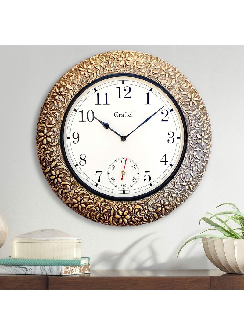 Craftel Brass Embossed Wall Clock Decorative Round Clock for Living Room Home and Office 18 x 18 inch Antique Gold Analog