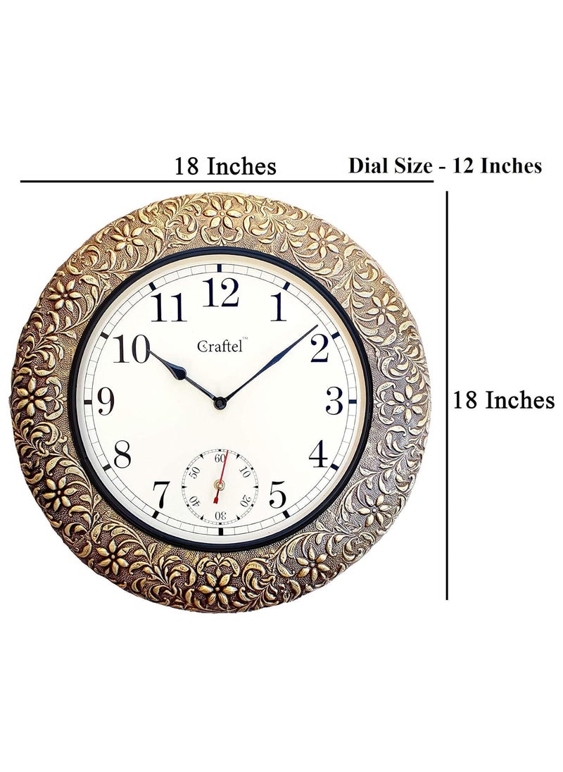 Craftel Brass Embossed Wall Clock Decorative Round Clock for Living Room Home and Office 18 x 18 inch Antique Gold Analog