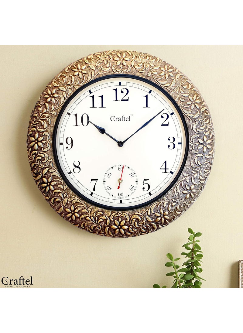 Craftel Brass Embossed Wall Clock Decorative Round Clock for Living Room Home and Office 18 x 18 inch Antique Gold Analog