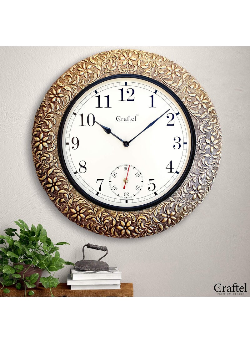 Craftel Brass Embossed Wall Clock Decorative Round Clock for Living Room Home and Office 18 x 18 inch Antique Gold Analog