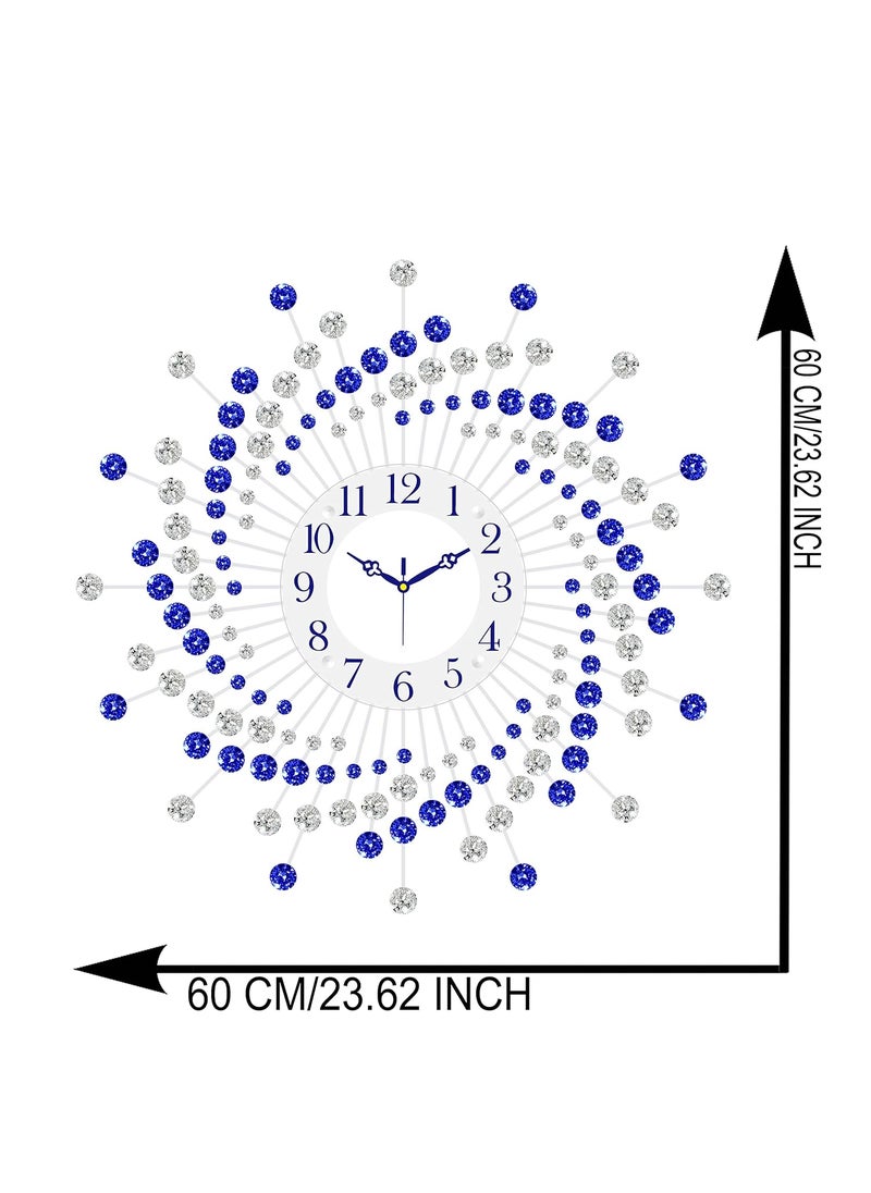 CHRONIKLE Beautiful Crystal Analog Floral Design Round Diamond Studded Metal Wall Clock for Living Room Home Decor Office Gifts Size 60 x 5 x 60 CM Color Blue White Weight 1460 Gram
