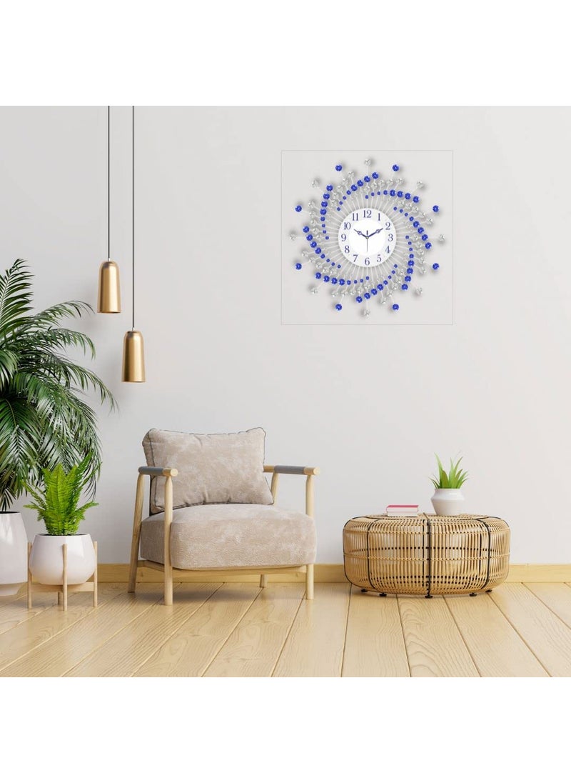 CHRONIKLE Beautiful Crystal Analog Floral Design Round Diamond Studded Metal Wall Clock for Living Room Home Decor Office Gifts Size 60 x 5 x 60 CM Color Blue White Weight 1460 Gram
