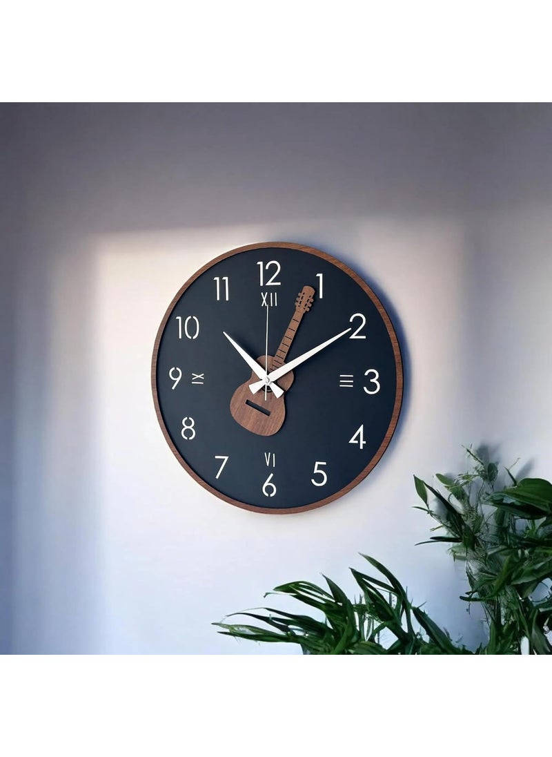 qeznef Modern Guitar Wall Clock 30 cm Wooden Frame Navy Blue Face with Roman Numerals Musical Decor for Living Room