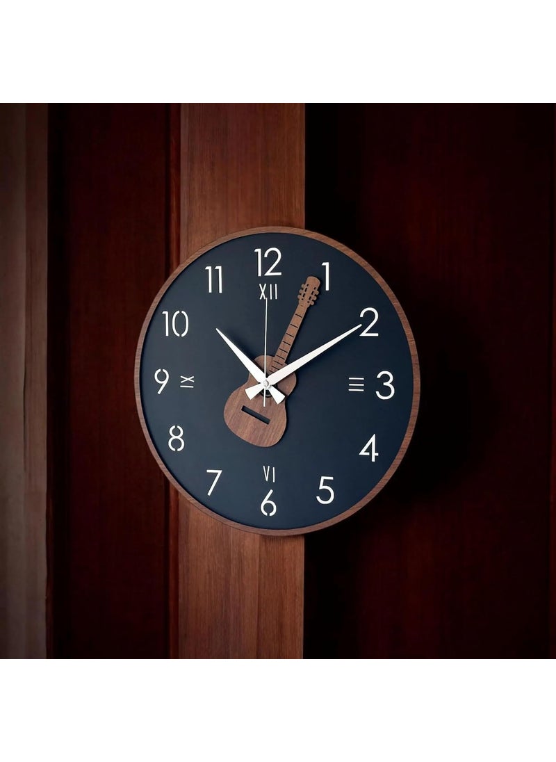qeznef Modern Guitar Wall Clock 30 cm Wooden Frame Navy Blue Face with Roman Numerals Musical Decor for Living Room