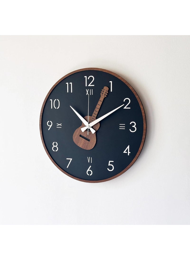 qeznef Modern Guitar Wall Clock 30 cm Wooden Frame Navy Blue Face with Roman Numerals Musical Decor for Living Room
