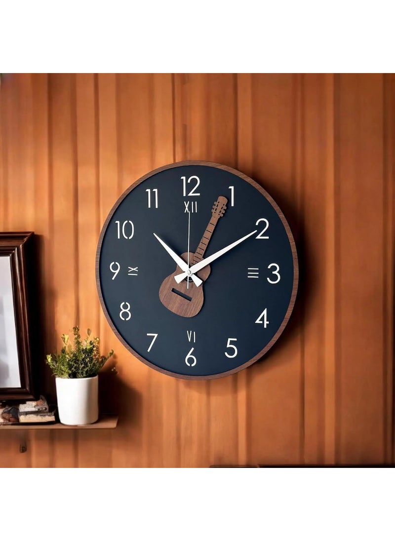 qeznef Modern Guitar Wall Clock 30 cm Wooden Frame Navy Blue Face with Roman Numerals Musical Decor for Living Room