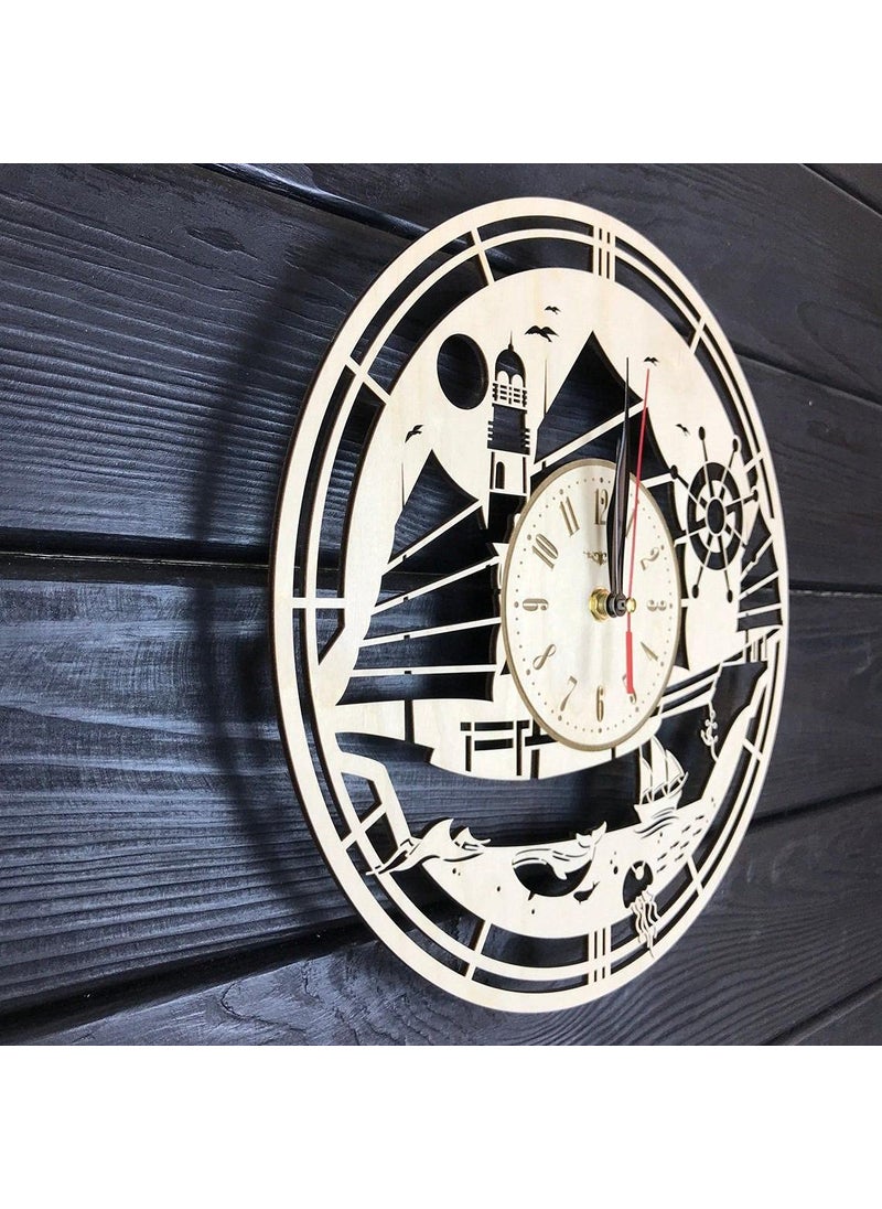 NABSTER Ship Wall Clock Wood Room Boat Home Decor Gifts Marine Theme Kitchen Office Business Christmas Anniversary Birthday Steeering Wheel Clock 12 Inch 30 Cm