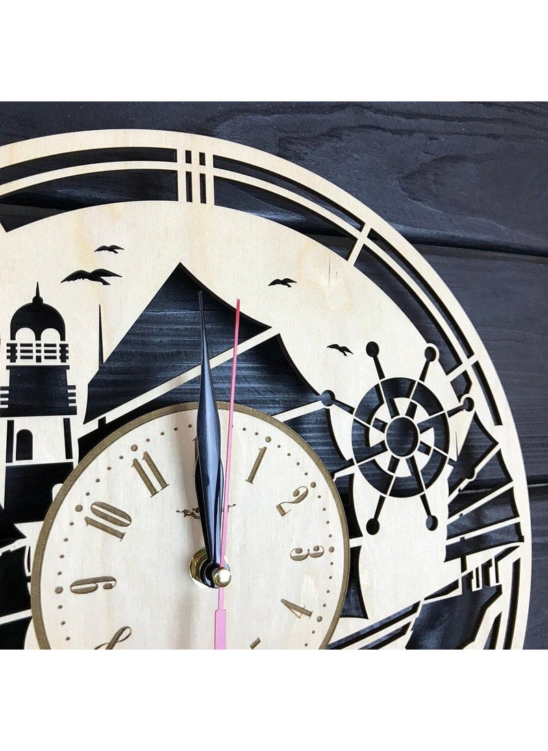 NABSTER Ship Wall Clock Wood Room Boat Home Decor Gifts Marine Theme Kitchen Office Business Christmas Anniversary Birthday Steeering Wheel Clock 12 Inch 30 Cm