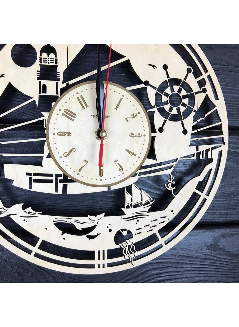 NABSTER Ship Wall Clock Wood Room Boat Home Decor Gifts Marine Theme Kitchen Office Business Christmas Anniversary Birthday Steeering Wheel Clock 12 Inch 30 Cm