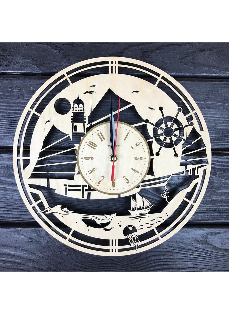 NABSTER Ship Wall Clock Wood Room Boat Home Decor Gifts Marine Theme Kitchen Office Business Christmas Anniversary Birthday Steeering Wheel Clock 12 Inch 30 Cm