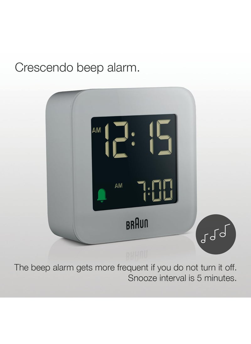 Braun Digital Travel Alarm Clock with Snooze Compact Size Negative LCD Display Quick SetCrescendo Beep Alarm in Grey Model BC08G