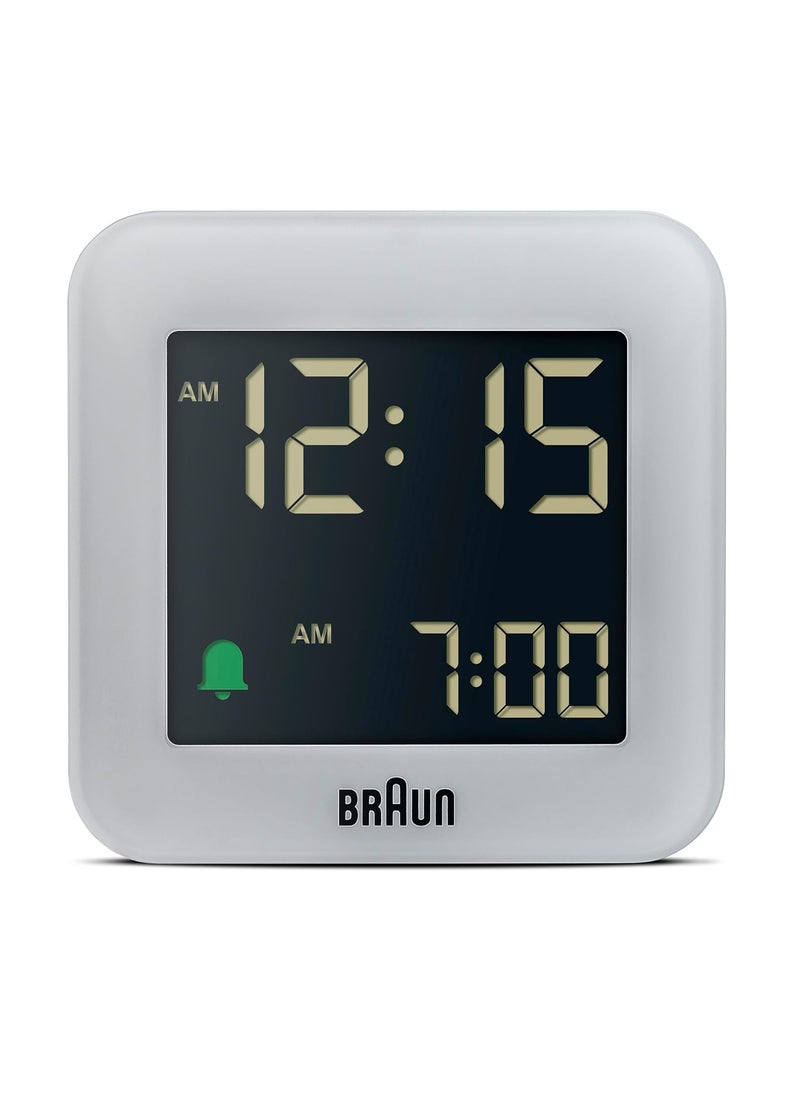 Braun Digital Travel Alarm Clock with Snooze Compact Size Negative LCD Display Quick SetCrescendo Beep Alarm in Grey Model BC08G