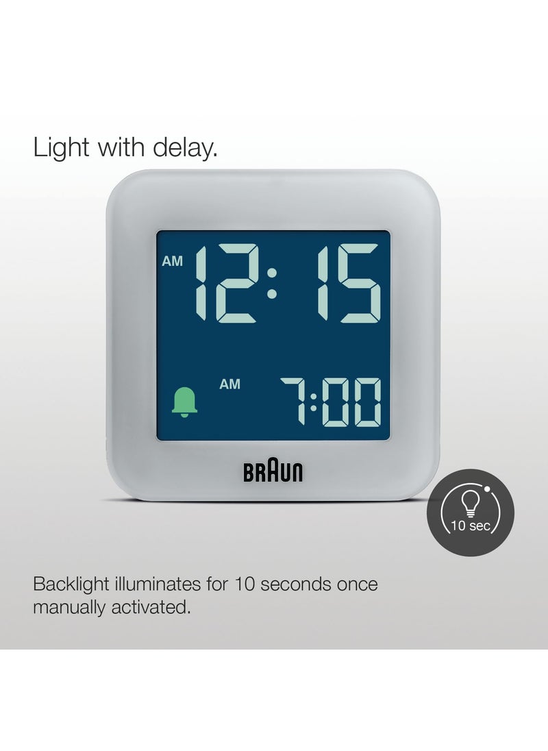 Braun Digital Travel Alarm Clock with Snooze Compact Size Negative LCD Display Quick SetCrescendo Beep Alarm in Grey Model BC08G