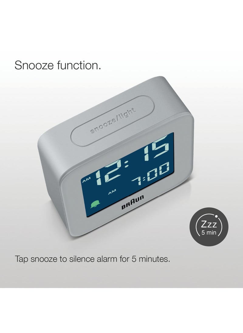 Braun Digital Travel Alarm Clock with Snooze Compact Size Negative LCD Display Quick SetCrescendo Beep Alarm in Grey Model BC08G
