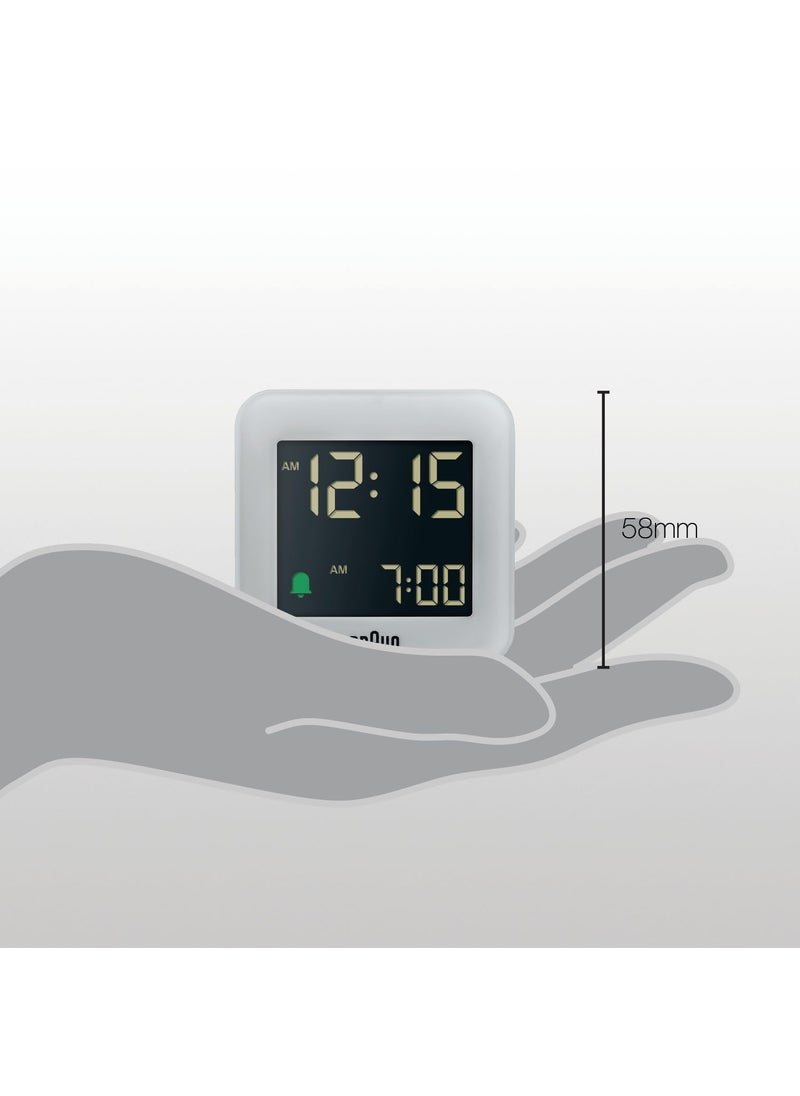 Braun Digital Travel Alarm Clock with Snooze Compact Size Negative LCD Display Quick SetCrescendo Beep Alarm in Grey Model BC08G