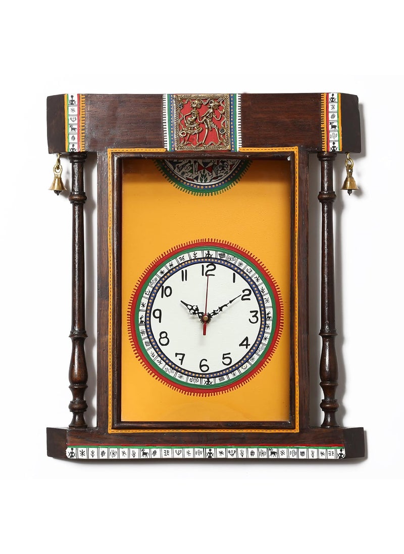 AAKRITI ART CREATIONS Handcrafted Warli Art Yellow Dial Wall Clock with Glass Frame 14x1635x5x41 cm