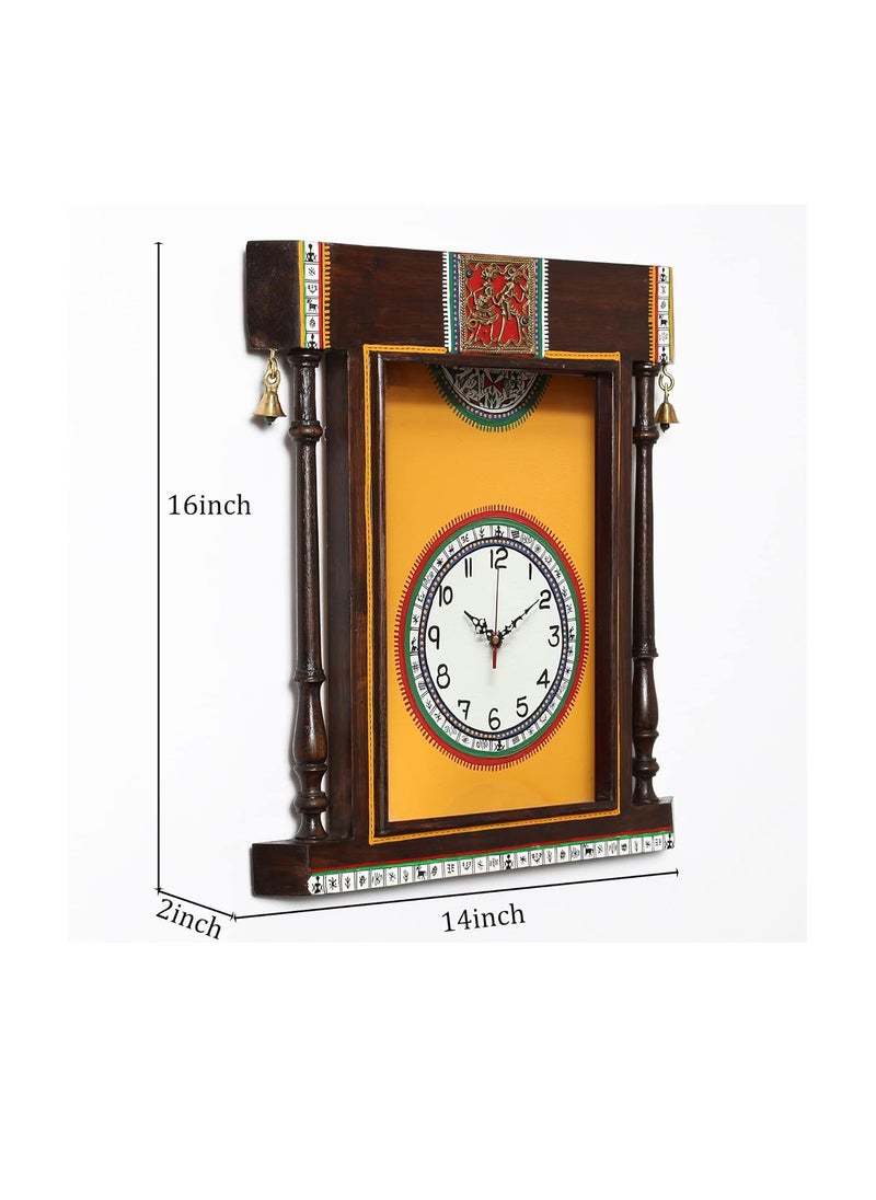 AAKRITI ART CREATIONS Handcrafted Warli Art Yellow Dial Wall Clock with Glass Frame 14x1635x5x41 cm