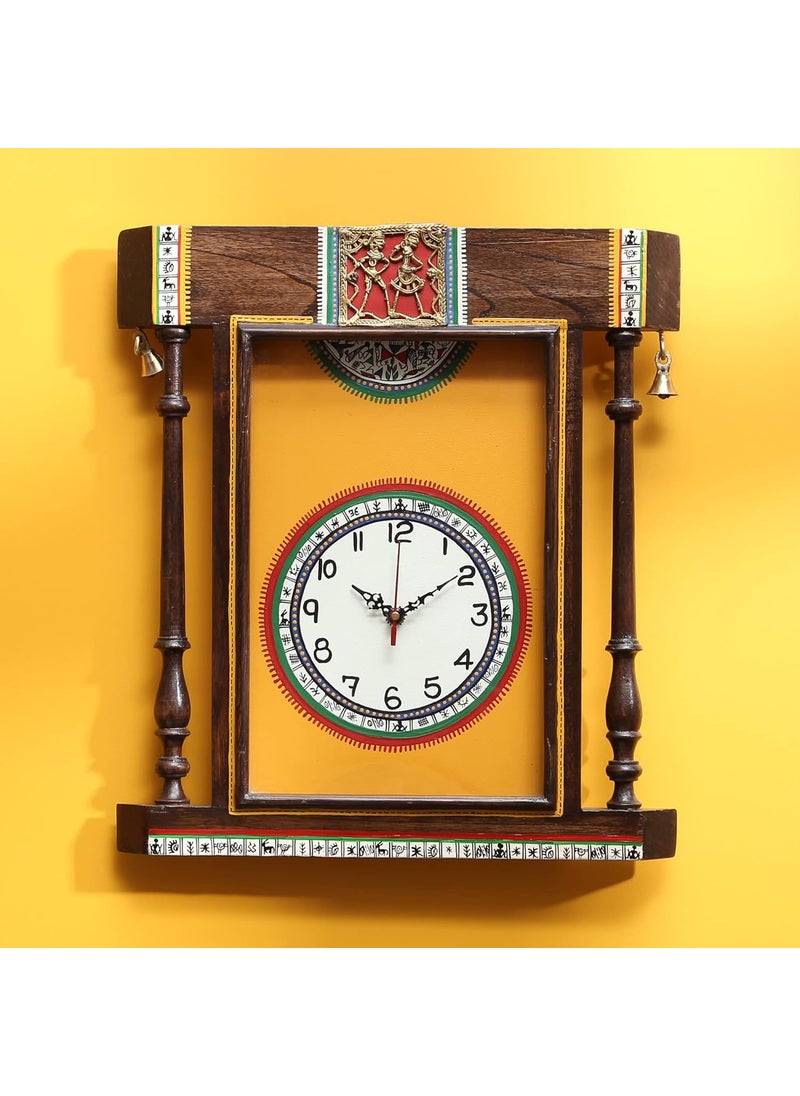 AAKRITI ART CREATIONS Handcrafted Warli Art Yellow Dial Wall Clock with Glass Frame 14x1635x5x41 cm
