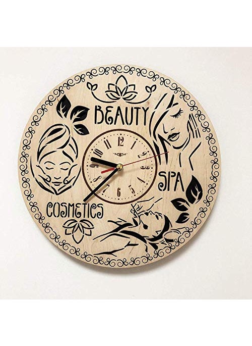 NABSTER Beauty Salon Decor Walls Clock Eco Wood Unique Gifts Idea and Original Presents for Home Wall Art Design for Saloon Parlour Spa 12 Inch Black Brown