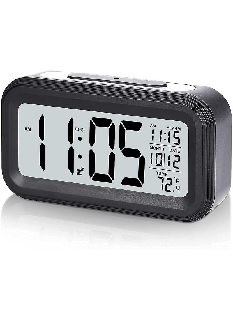 ASTRECA LCD Screen Digital Smart Alarm Clock with Date Temperature Display Snooze Alarm Table Clock for Home Bedroom with Automatic Sensor Backlight Battery Operated Alarm Clock Black