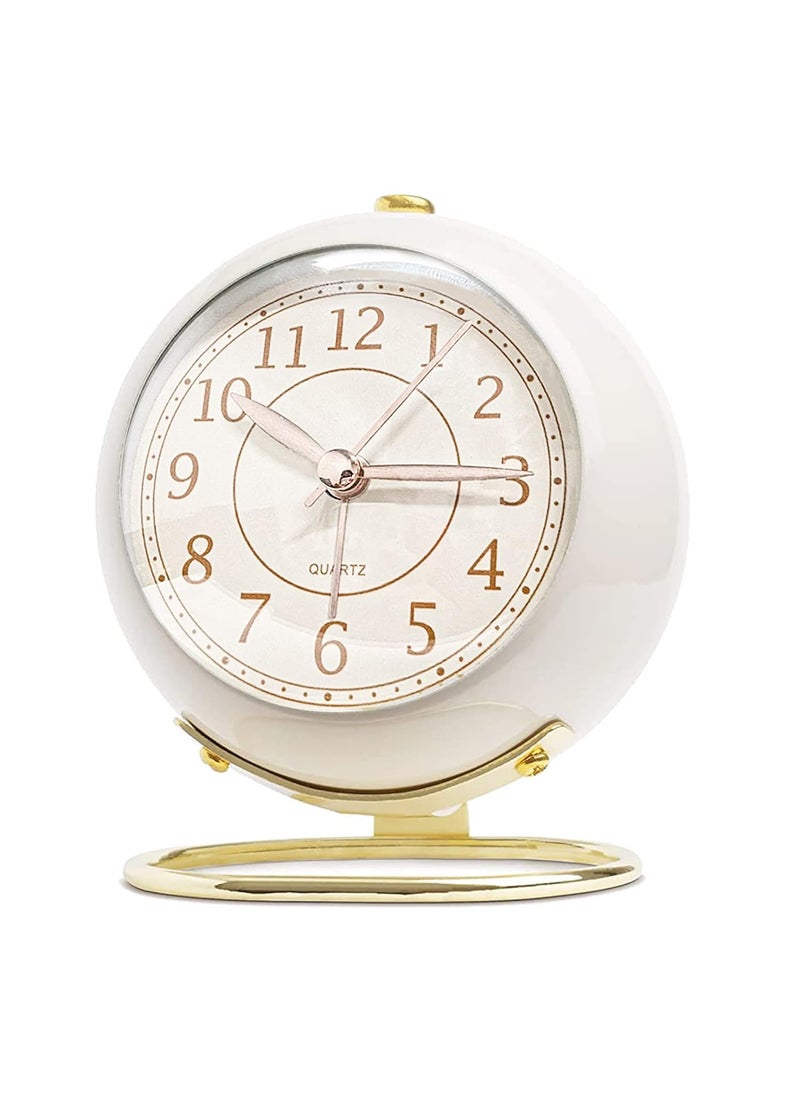 DEVKUVAR Small Table Clocks Classic NonTicking Tabletop Alarm Clock Battery Operated Desk Clock with Backlight HD Glass for Bedroom Living Room Kitchen Indoor Decor White